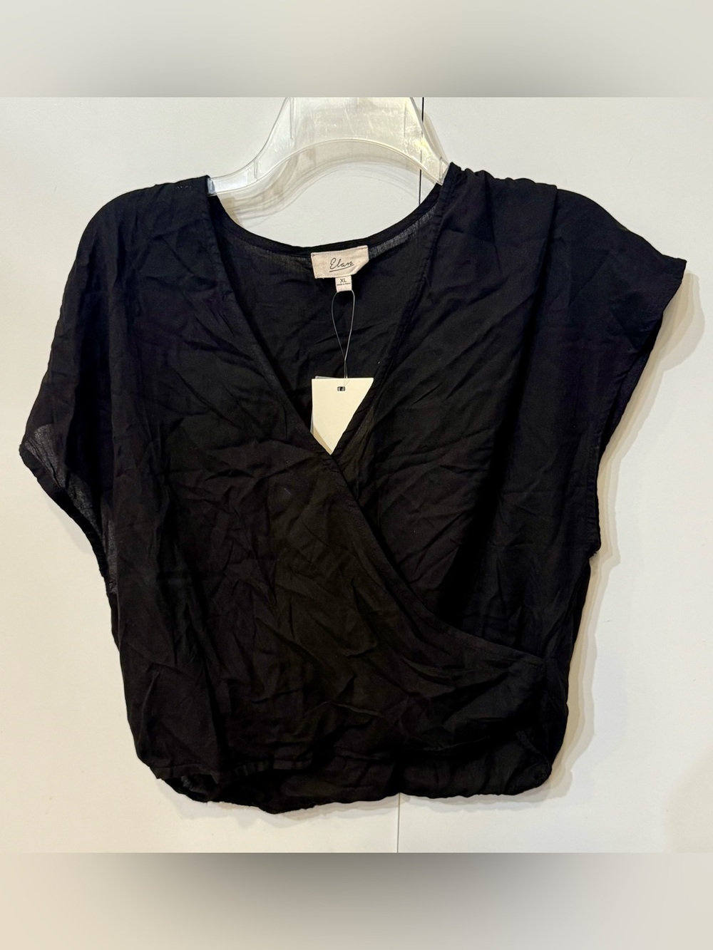 Elan Short Sleeve Faux Wrap-Style Crop Top. NWT. In black